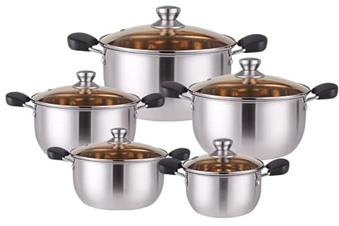 Suprills Induction Hob Pan Set, Stainless Steel Casserole Set with Glass Lids, 5 Piece Cooking Soup Pot Collection 16cm 18cm 20cm 22cm 24cm for Gas Electric Ceramic and Halogen