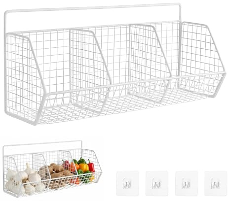 Hanging Storage Baskets, Wall Basket, No Drilling Adhesive Metal Adhesive Shelves, 3 Grids Kitchen Wall Shelves for Kitchen Pantry Organization Bathroom (White)