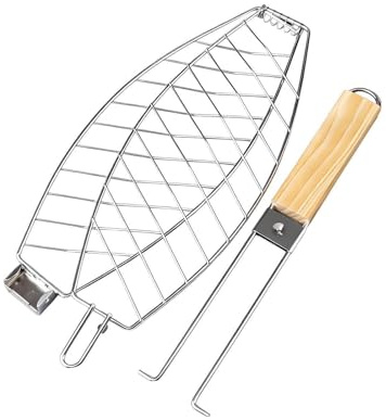 Funabridge Grillställ, fiskgrillkorg med avtagbart trähandtag, 62 cm utökat, vikbar, låsdesign för att förhindra matglidning, bärbar för camping