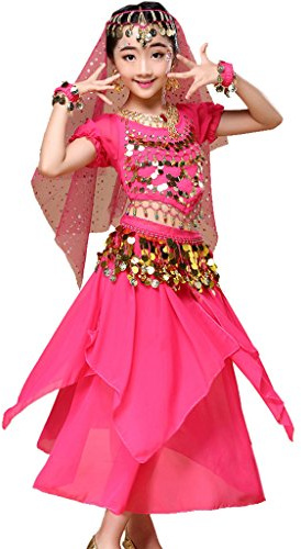 Astage Magdansdräkt för flickor till halloween, outfit, indisk, orientalisk, karneval, komplett set, Varmrosa, 3-5 År