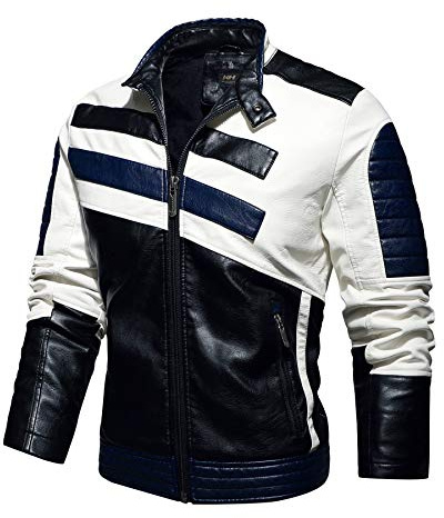 CBYEZY Stand-up collar men's motorcycle leather motorcycle racing suit color-blocking PU simulation leather jacket (Blue, 3x_l)