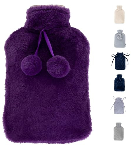 LIVIVO 2L Hot Water Bottle with Cover UK - Large Thermoplastic Hot Water Bottles for Adults Winter Warmth & Stress Relief - Warm Hot Water Bag, Removable Washable Cover, Leakproof Screw Cap - Purple