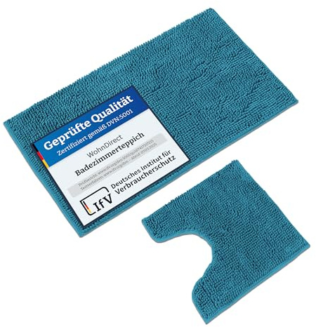 WohnDirect Badematten & Badteppich Set 2 teilig Petrol • WC Vorleger mit Ausschnitt 45x45cm + Badematte rutschfest 50x80cm • Badvorleger frottee waschbar • Badezimmerteppich ÖkoTex • Bath mat