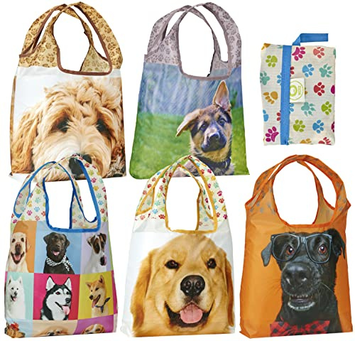 O-WITZ Reusable Grocery Bags | Vibrant Tote Bag For Groceries, Gym, Beach Gear, Toys & More | Washable Design With Large Handles For Maximum Convenience | Folds Into A Small Pouch, 5 Pack, Dogs