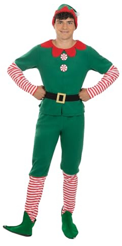 Funidelia Disfraz de elfo para hombre, Incluye camiseta, pantalón, cinturón y gorrito, Navidad - Traje para adultos para fiestas, Carnaval y Halloween - Talla L