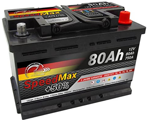 SMC Starterbatterie Speed Max 80Ah L3 750A EN 12v PKW Ersetzt 70Ah 72Ah 74Ah 75Ah autobatterie wartungsfrei- Maße der Batterie: 27,8 x 17,5 x 19,0 cm - Pluspol rechts (DX+)