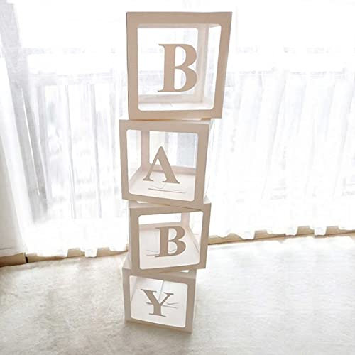 Scatola Bianca Baby Shower Decorazioni per Bambini o Bambine, 4 pezzi Trasparente Scatola Con Lettere BABY, Scatola Palloncini per Baby Shower Boy Girl, Gender Reveal Party, Battesimo Decorazioni