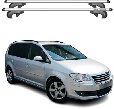 Menabo Dachträger Grundtäger kompatibel mit VW Touran mk1 2003-2010 Pre-FL Aluminium 90kg Silber 2tlg Offene Reling für Fahrradträger, Dachboxen, Skiträger Abschließbar