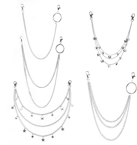 quiodok 5 Stück Kettengürtel Silber Jeans Ketten Hosenkette Herren Kettengürtel Hip Hop Hose Hosenkette Set Silber Gothic Punk Kette für Jeans, für Kostüm Dekoration