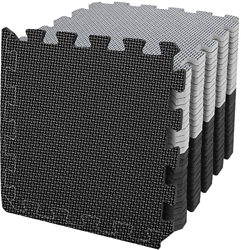 Bodenschutzmatte Fitness Set [31x31cm] - 48 Puzzlematte Sport, Sportmatte Fitnessmatte rutschfest, Bodenmatte für Fitnessraum&Fitnessgerät, Fallschutzmatten Outdoor&Pool Unterlegmatte, Schwarz&Grau
