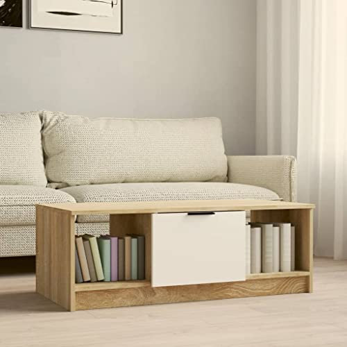FIRBNUS Blumentisch Weiß Braun 102x50x36 cm Bürotisch Beistelltisch Holz Wohnzimmertisch Modern Stabilität Kleiner Tisch Wohnzimmer Coffee Table Coutischtisch Teetisch mit Tür und 2 Offenes Fach