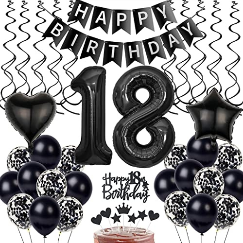 Schwarz 18. Geburtstag Dekoration, Luftballon 18. Geburtstag Deko, Schwarz Tortendeko 18 Jahre Junge, Deko 18. Junge Mädchen, Deko 18. Ballons