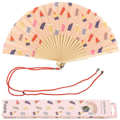 Fisura - Originale ventaglio con stampa di gelato. Ventilatore a mano in legno moderno e divertente Ventaglio rosa. Misure: 42,5 x23cm. Legno e tessuto.