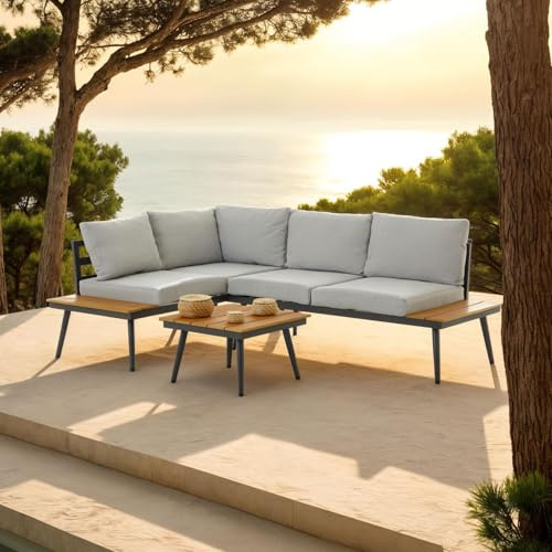 CARO-Möbel Gartenlounge Paros, grau - Outdoor Sofa mit Beistelltisch aus Alugestell und Holzoptik, Eckbak mit Sitzkissen und Rückenpolster für Terrasse & Garten