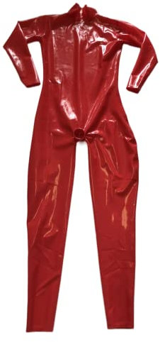 Latexshine Red Latex Catsuit Rubber Bodysuits Halseinstieg mit zwei Kondomen im Schritt