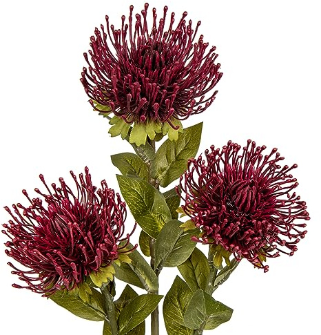 Hollyone 3Pcs Red Artificial Mum Flowers Spring Spider Mum Arrangement, Faux Pincushion Flowers, 28'' Long Stem Fake Chrysanthemum for Office, Home Decor