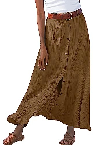 Falda larga de algodón y lino para mujer, color caqui, con abertura frontal, cintura media, talla XL