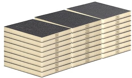 Schleifschwamm SET feine bis sehr feine Körnungen je 16 Stück Schleifschwämme K180, K220 und K280, also 96 Schleifklötze für Holz Lack Metall Trocken u. Nass Schleifen waschbar wiederverwendbar im Mix