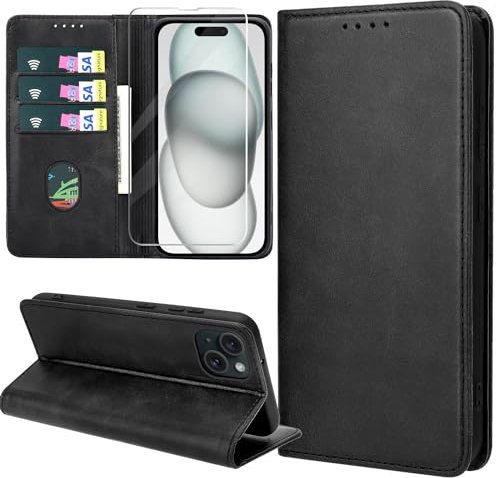 ZYIMOU Handyhülle für iPhone 15 Hülle mit Schutzfolie, Leder Schutzhülle Standfunktion Kartenfach Wallet Klapphülle iPhone 15 Flip Case Cover, Schwarz