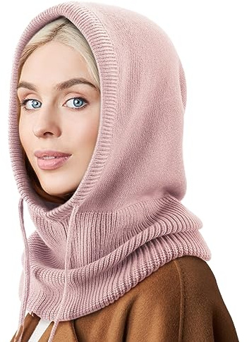 AQOKKA Vintermössor för kvinnor balaclava stickad mössa dödskalle keps med dragsko varm huva scarf hatt, 1 st huva hatt: Rosa, en storlek, 1 st huvmössa: Rosa, one size