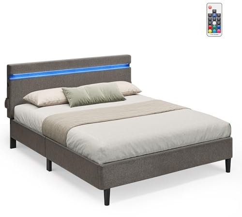 VASAGLE Bett 140 x 200 cm, Gästebett mit LED-Beleuchtung, Doppelbett mit USB- und Type-C Anschluss, Bettgestell, Polsterbett mit Kopfteil, Bettrahmen, modern, dunkelgrau RMB803G71