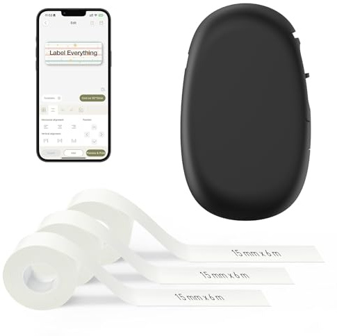 SUPVAN E10 Bluetooth Label Maker Machine with 3 Tapes, Black | Fits Continuous & Die-Cut Waterproof Label, Easy App Editing, Rechargeable, Inkless, for School, Home, Kitchen, Office