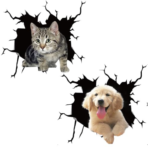 2St 3D Auto Sticker Katze Dog Autoaufkleber, ZERRISSENES Auto-aufkleber Welpe Hund design decal, Stereo Katze Auto Aufkleber Anime Dekoration Auto Stoßstange Aufkleber Kratzer Thema Wand Aufkleber