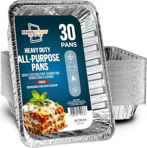 30 Pack Aluminium Trays Large, 32x26x7cm, Extra Heavy Duty Disposable Foil Pans For Baking, Roasting & Chafing, Deep Tin Foil Bakeware, Steam Table Tray, Cookware, Food Prepping, Cake & Oven Pan