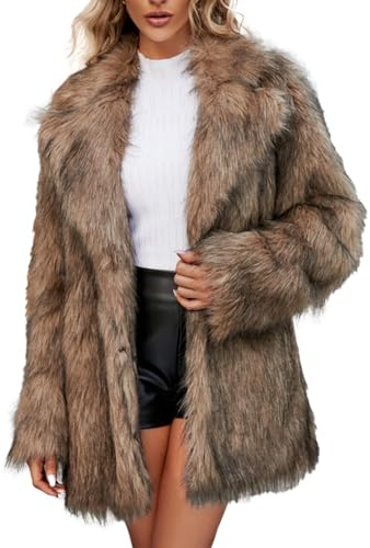 TDEOK Kunstpelz Jacke Damen Braun Übergangsjacke Herbst Lang Felljacke Langarm Vintage Cardigan Elegant Damen-Jacken Lange Kunstfell Jacke Pelz-Mantel Warm Faux Fur Jacke Warm Winterjacke Pelzmantel