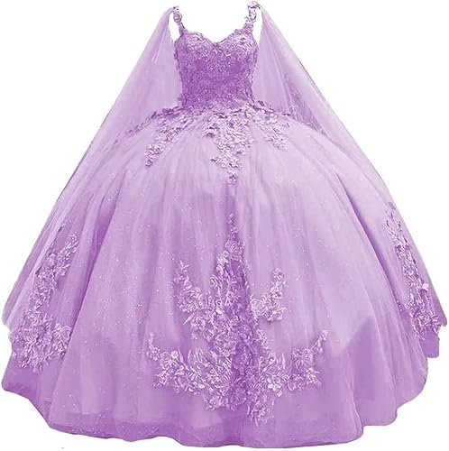 Fuomomo Spaghetti Straps Quinceanera Dresses Ball Gown with Removable Cape Princess Sweet 15 16 Dresses Beaded Lace Prom Dresses Lilac