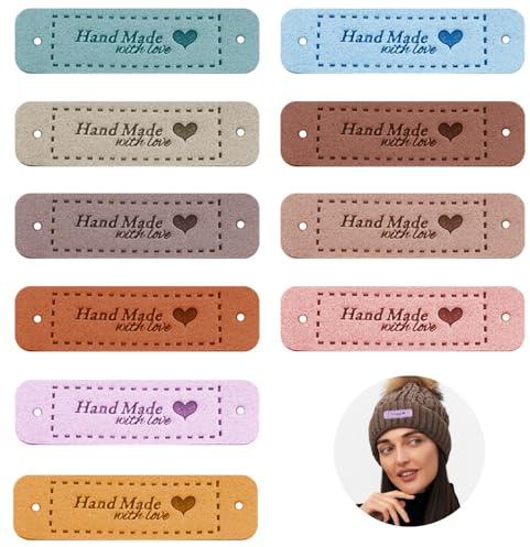 FURREN 80 Stück Handmade Labels zum Annähen Leder Label Nähen Personalisiert Hand Made Etiketten Handmade Aufnäher Lederetiketten zum Annähen Handgemacht Label mit Löchern für Hüte Kleidung