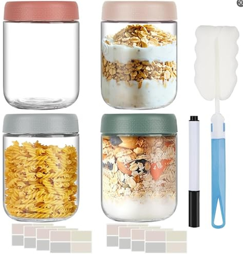 Esilihom Overnight Oats Jars with Lids, 4 Pack 500ml Glass Yoghurt Pots | Microwave-Safe For Breakfast Prep And Daily Food Storage; Suitable For Cereal, Fruit, Pudding, Salad, Jam And Prepared Snacks