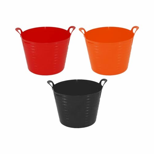 3 x Flexi Tub, 26l Litre Rubber Flexi Strong Tub Medium Planter Storage Container Washing Basket Trug Colour Bucket For Home Garden MADE IN U.K. (Red, Orange & Black)