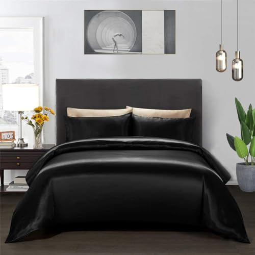 Teamllong Satin Housse de Couette 220x240 Noir, 3 Pièces Couleur Pure Satinée Parure de Lit Adulte 2 Personnes Luxe Lisse Doux Satin Sets de Housses de Couettes avec 2 Taies d'oreiller 65x65cm