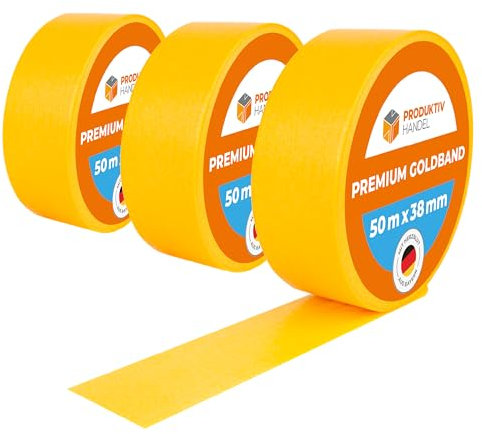 Produktiv Handel Premium Goldband 3 Rollen a 50m x 38mm | Abklebeband für Malerarbeiten | Malerkrepp UV beständig | Malerband für scharfe Farbkanten & perfekte Ergebnisse