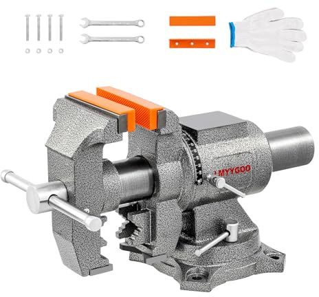 LMYYGOO Bench Vise, 6inch Jaw Width 5inch Jaw Opening, 360° Swivel Base, Multipurpose Heavy Duty Workbench Vise with Anvil and 1 Pair Vise Jaw Pad, Table Vise Clamp force 5500LBS