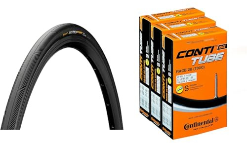 Continental Cubierta Carretera Ultra Sport III Negro-Medidas: 700 x 25C 28 Neumáticos & Pack 3 cámaras 28, 20-25, válvula Presta (Fina), 60 mm, Ciclismo, Negro, 700c Road