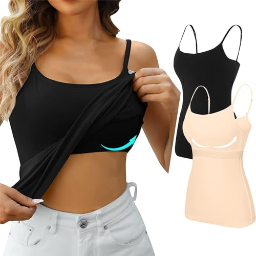 Canotta Donna Cotone Tank Top Canottiera con Reggiseno Incorporato Canotta di Base Estiva Scollo a V Cami Camisole Spalline Regolabili Tank Shirt Senza Maniche Camicia Imbottita Casual Canottiera