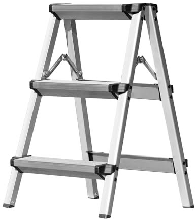 Miscoos Trittleiter, Aluminium Leiter, 3 Stufen klappbar, kleine beidseitig besteigbare, rutschfeste und stabile Haushaltsleiter, belastbar bis 150 kg, Silber