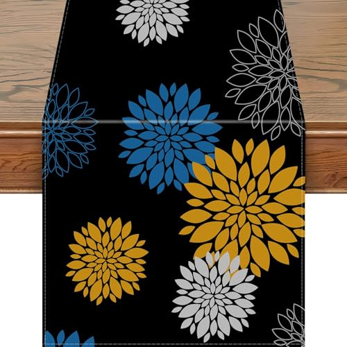 Snylcce 13x47 inch Dahlia Pinnata Fleur Chemin de Table - Design géométrique Moderne et élégant avec des Accents de Pompon - Décor en Lin Noir pour Les Repas à Domicile, Les fêtes, et Les entrées