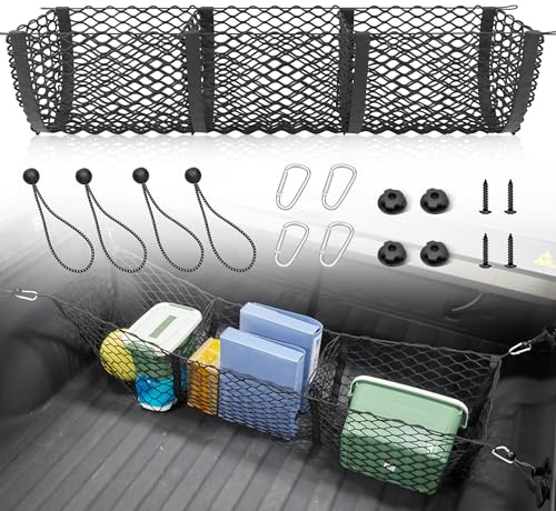 RED WOLF 3 Pocket Truck Bed Cargo Net for Toyota Ford Dodge GMC Chevy Silverado, Universal Pickup Mesh Storage Net 47.2 x 11.8 Stretchable Elastic Truck Bed Grocery Holder Net with 4 Ball Bungees