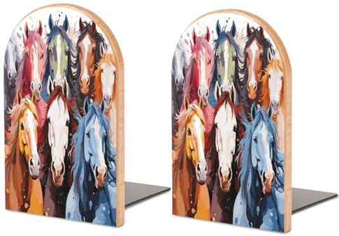Buchstützen aus Holz, bunt, Cartoon-Pferde, bedruckt, einzigartige Buchstützen, zum Halten von Büchern, kreativer Buchhalter, Stopper für Büroakten, Zeitschriften, Küchenbücher