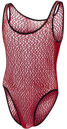 AIEOE Lace Singlet Men Mesh Jockstrap Bodysuit Lace Underwear Stretch Leotard Mesh sleepwear Lace Sleeveless Nightwear Lightweight Pajamas Red