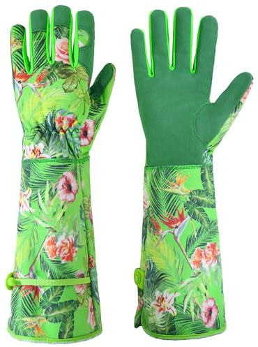 HANDLANDY Gartenhandschuhe für Damen, dornensicher, atmungsaktiv, Rosenschnitt, langer Stulpen, Blumendruck, Gartenhandschuhe, Geschenk für Gärtner (Grün, M)