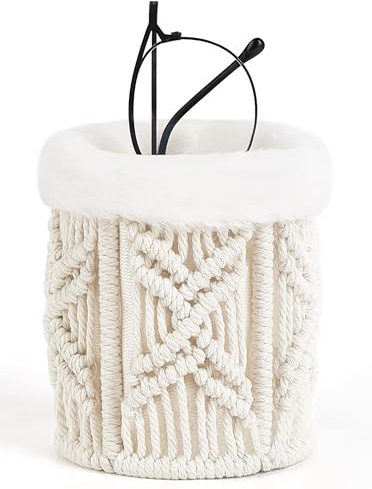 Mkono plyschfodrade glasögonhållare macrame vävda skyddsglasögon hållare stående fall repskyddande glas förvaring organiserare för bord, skrivbord, nattduksbord, kontor, elfenben