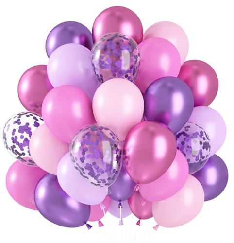 Luftballons Lila Rosa 60 Stück, Luftballons Geburtstag Lila Luftballon Rosa Metallic Helium Ballons Violett Pink Konfetti Latexballons für Mädchen Geburtstag Hochzeit Babyparty Party Deko