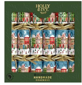 Holly and Ivy Celebration Christmas Crackers – Village Scene Design – 12 Inch Handmade Crackers with Hats Jokes and Gifts – Pack of 6