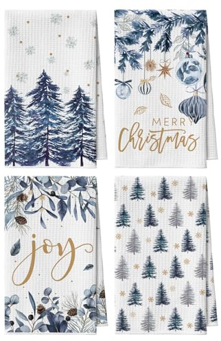 Artoid Mode Blau Bäume Schneeflocken Kiefern Weihnachten Bar Küchentücher Geschirrtücher, 42x65 cm Mikrofaser Saugfähig Küchen Reinigung Deko 4er Set