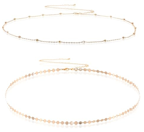 Gold Waist Chain, 2 Pcs Adjustable Metal Link Belly Chain Waterproof Bikini Waist Beads Coin Satellite Beads Body Chain Jewelry for Women