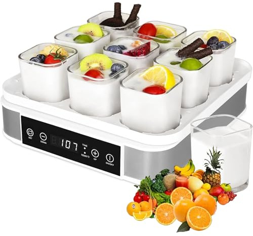 XIEHEMAO Yogurtera, Yogurtera Griega con Temperatura y Temporizador, 9 frascos de Vidrio, Yogurtera automática con 9 frascos, Perfecta for Yogur orgánico casero